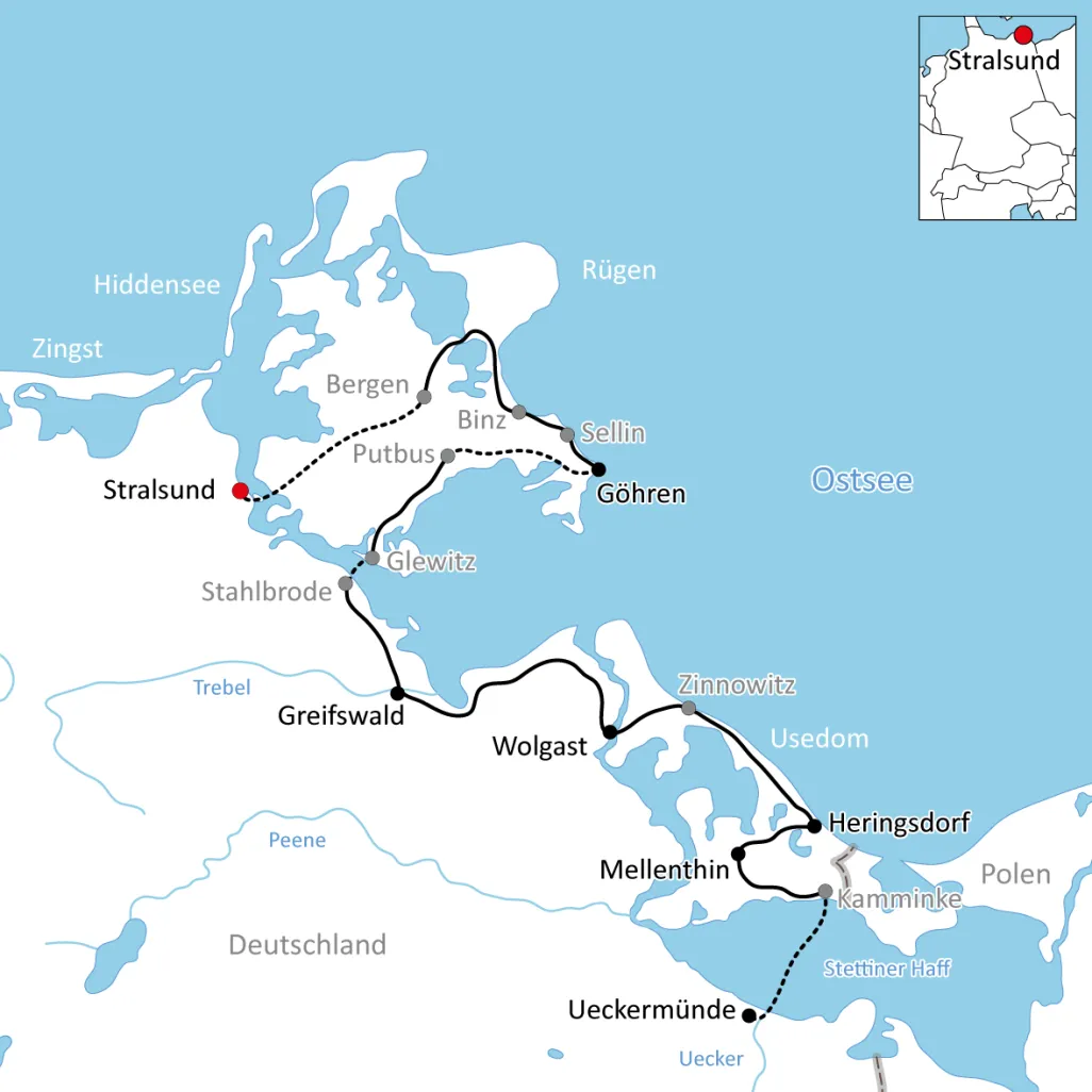 Karte zur Radtour auf Rügen und Usedom