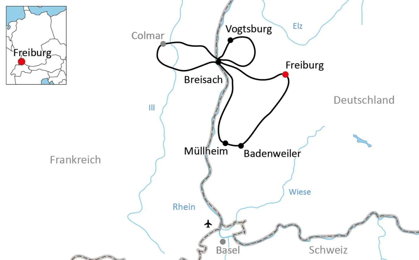 Karte zur Radtour um den Kaiserstuhl