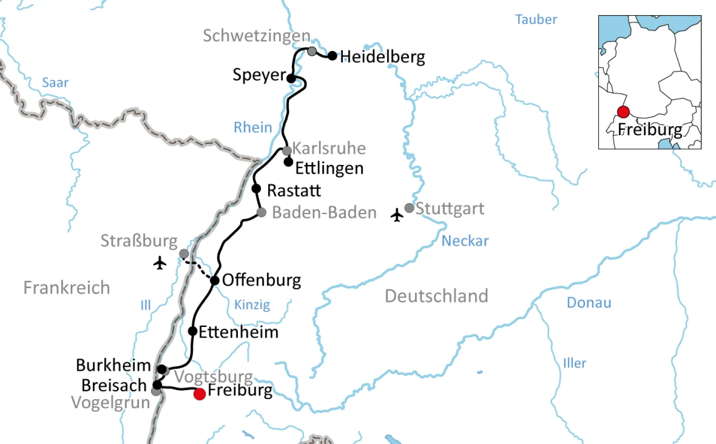 Karte zur Rheinradtour von Freiburg nach Heidelberg
