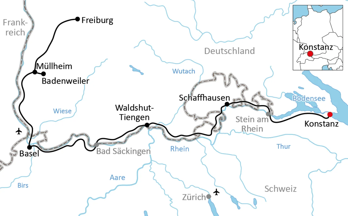 Karte zur Radtour am Hochrhein