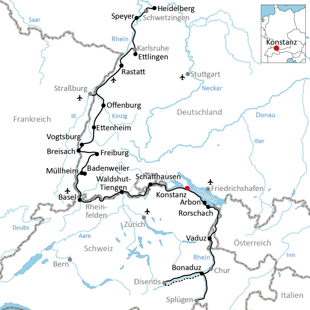 Karte zum Radurlaub am Rhein