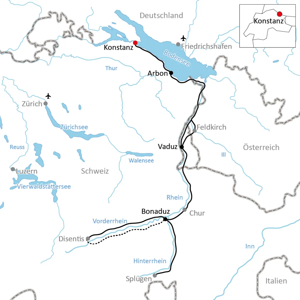 Karte zur Rhein-Radtour in der Schweiz