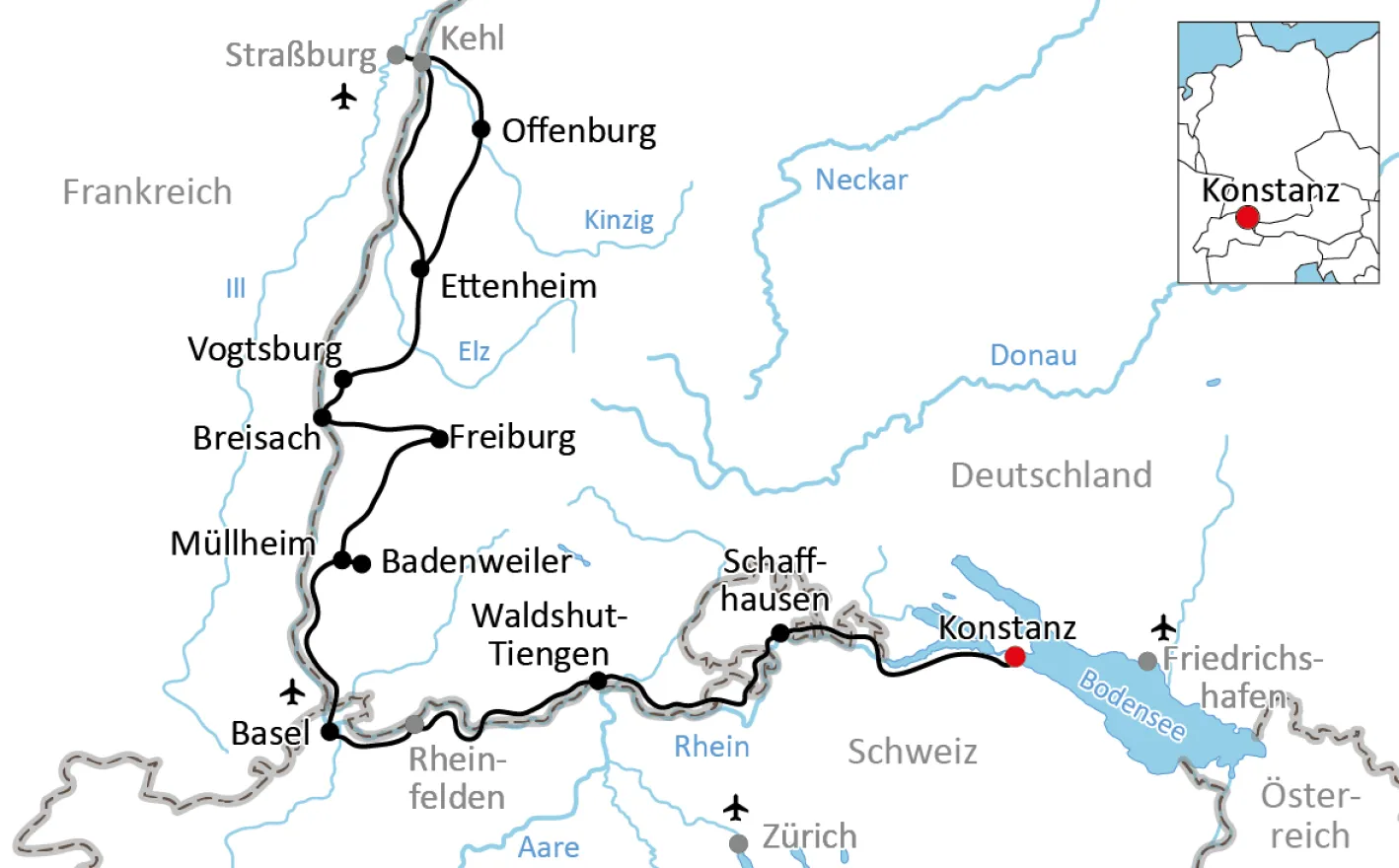 Karte zur Tour auf dem Rheintalradweg von Konstanz nach Straßburg