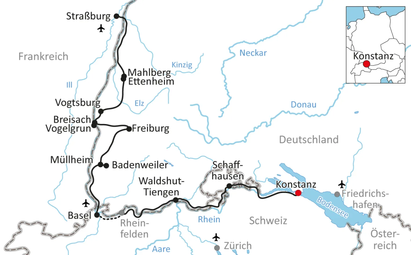 Karte zur Tour auf dem Rheintalradweg von Konstanz nach Straßburg