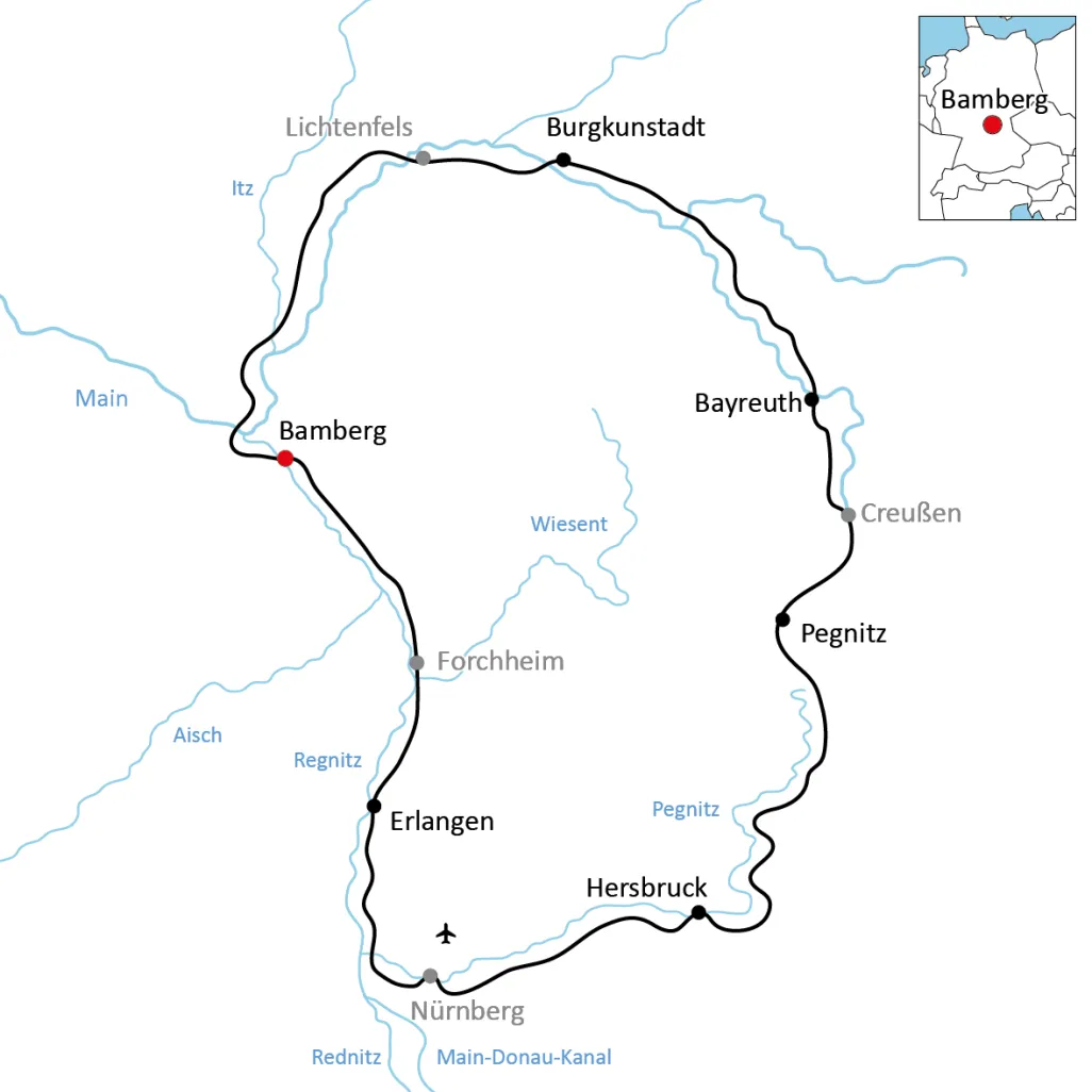 Karte zur Radtour durch Franken