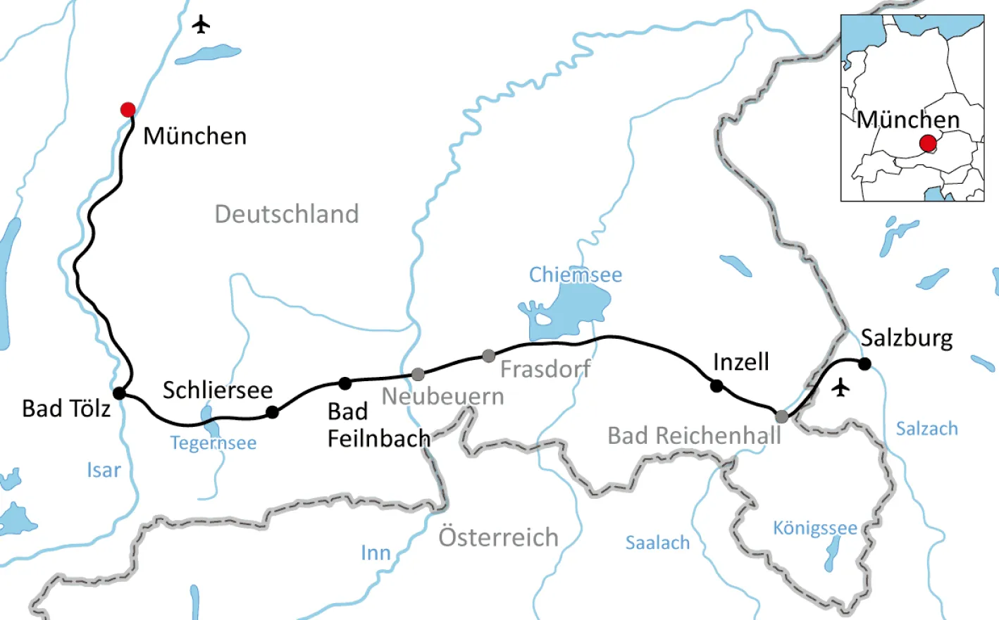 Karte Radtour von München nach Salzburg