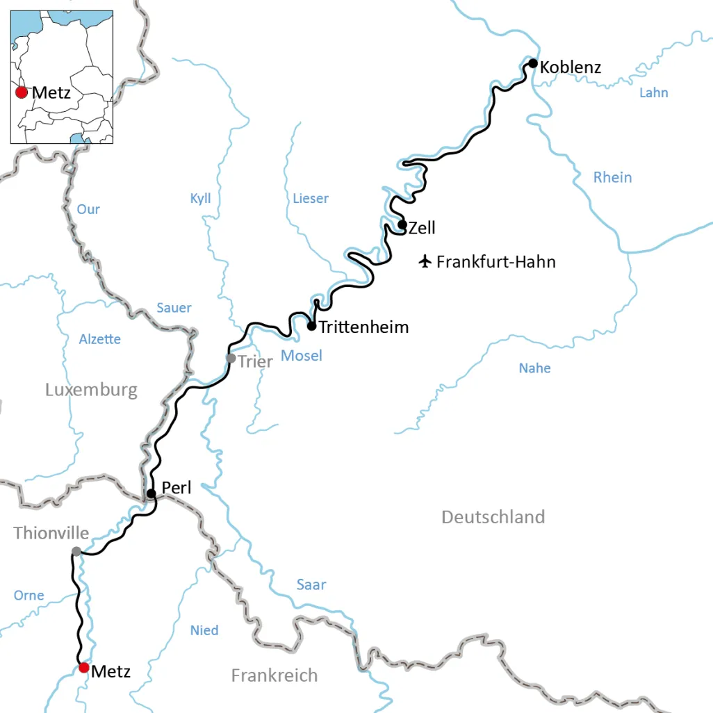 Karte zur Radtour von Metz nach Koblenz