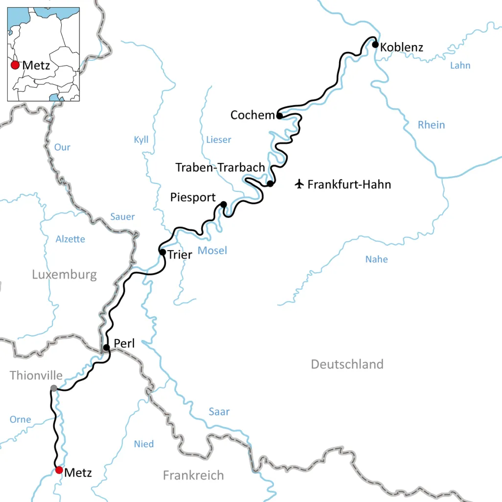 Karte für die Radtour an der Mosel von Metz nach Koblenz