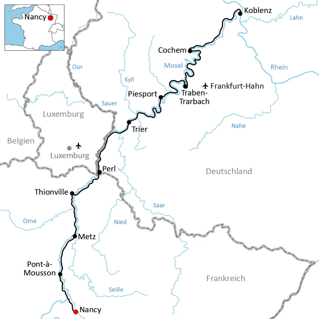 Karte zur Radtour an der Moselle in Lothringen