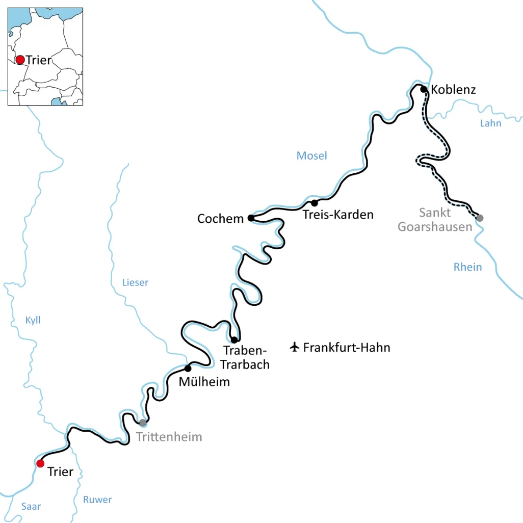 Karte zur Radtour von Trier nach Koblenz für Genießer