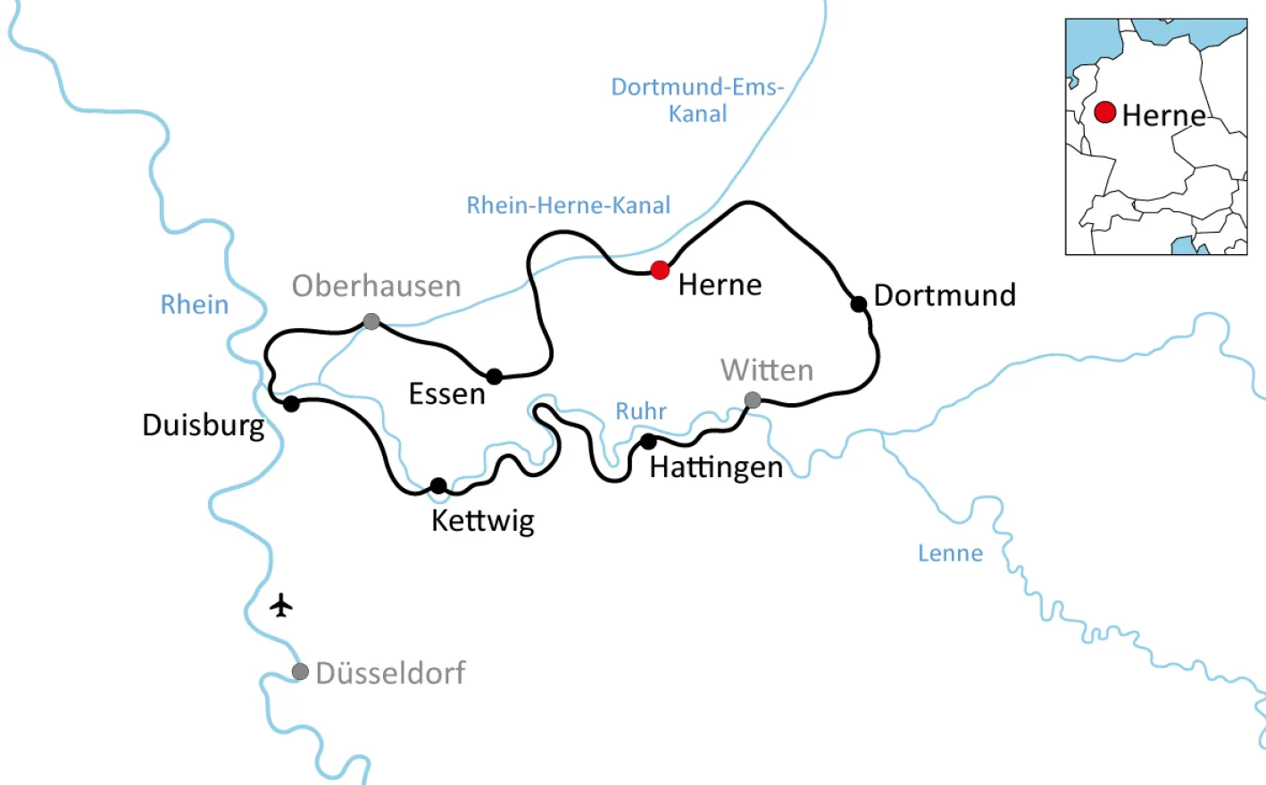 Karte zur Radtour durch das Ruhrgebiet