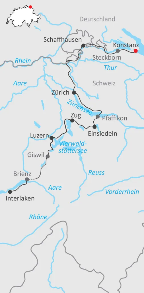 Karte zur Radtour von Konstanz nach Interlaken