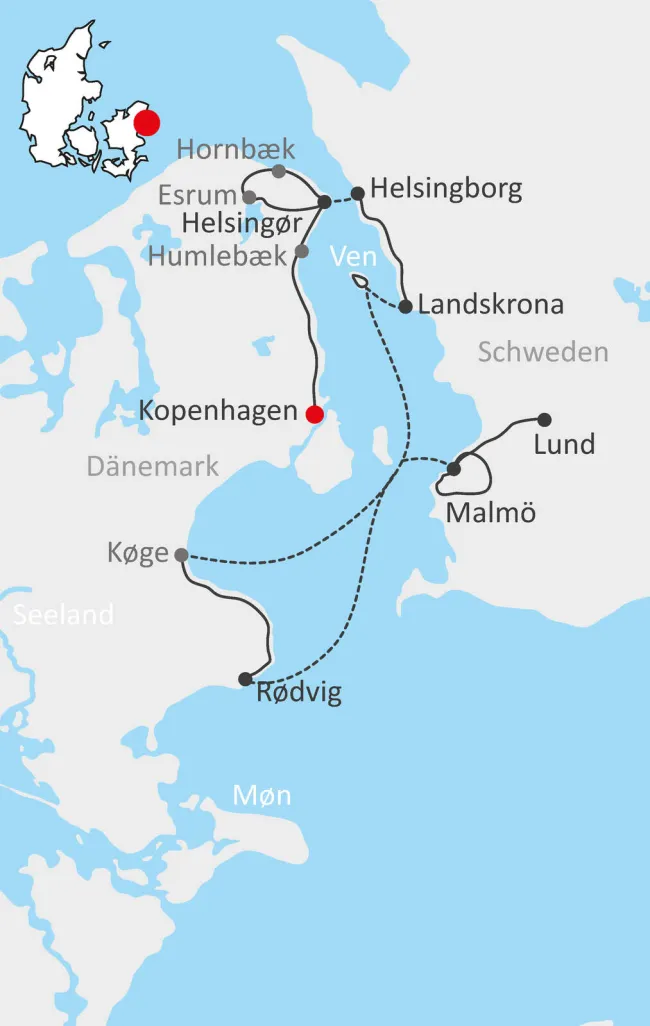Karte der Reise "Rad und Segeln ab Kopenhagen"