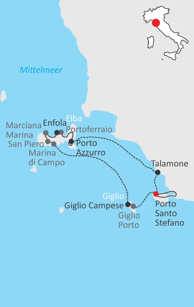 Karte Rad und Segeln in der Toskana