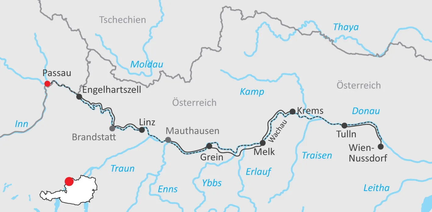 Karte Donaukreuzfahrt von Passau nach Wien