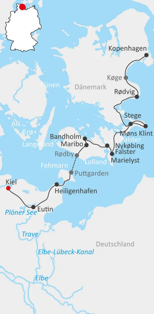 Karte Radtour von Kiel nach Kopenhagen