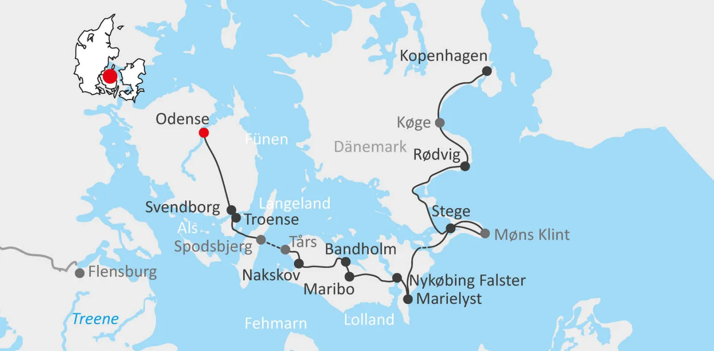 Karte für Radreise von Odense nach Kopenhagen