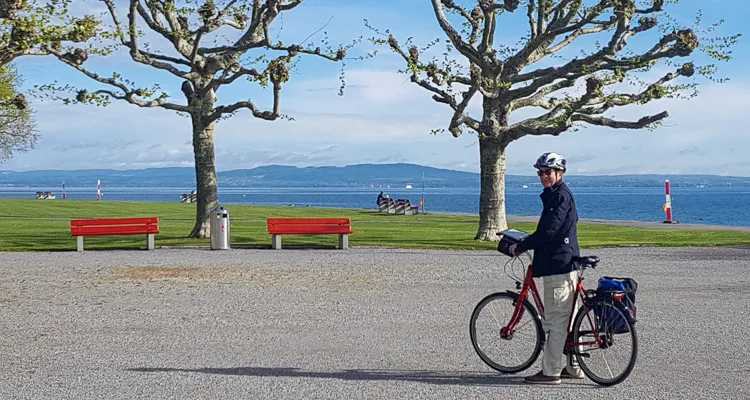 Mann vor Bodensee Alpen Panorama