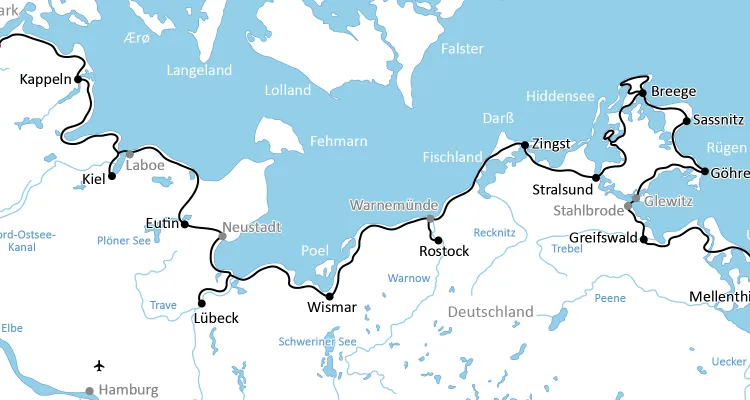 Karte zur Radtour von Flensburg nach Usedom für Sportliche
